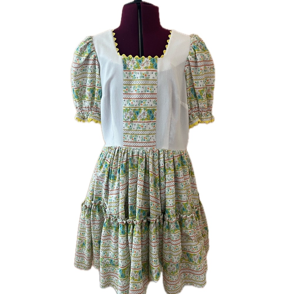 Vintage Handmade Prairie Dress Floral Cottagecore Tiered Ruffle Yellow Sz M
